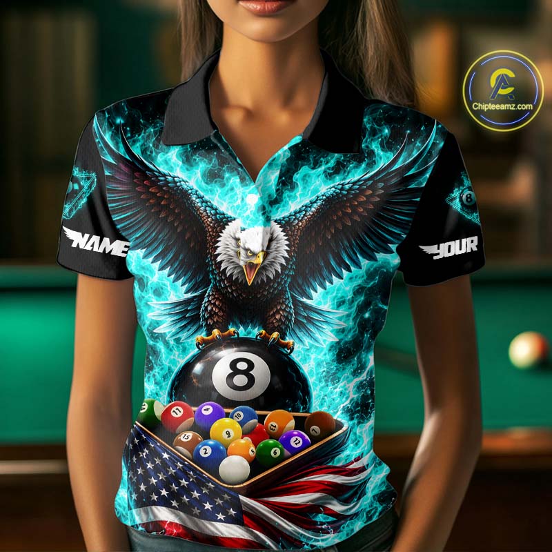 Teal Fire Flame Eagle US Flag Pool Ball 3D Billiard Shirt Personalized 8 Ball Billiard Attire