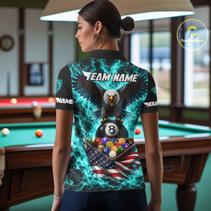 Teal Fire Flame Eagle US Flag Pool Ball 3D Billiard Shirt Personalized 8 Ball Billiard Attire