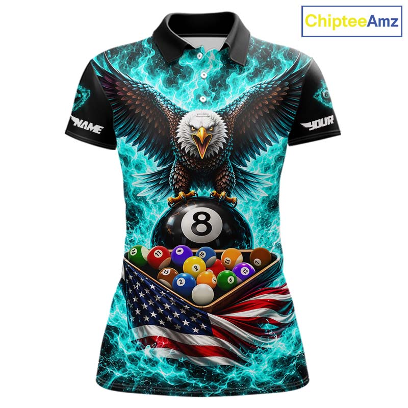 Teal Fire Flame Eagle US Flag Pool Ball 3D Billiard Shirt Personalized 8 Ball Billiard Attire