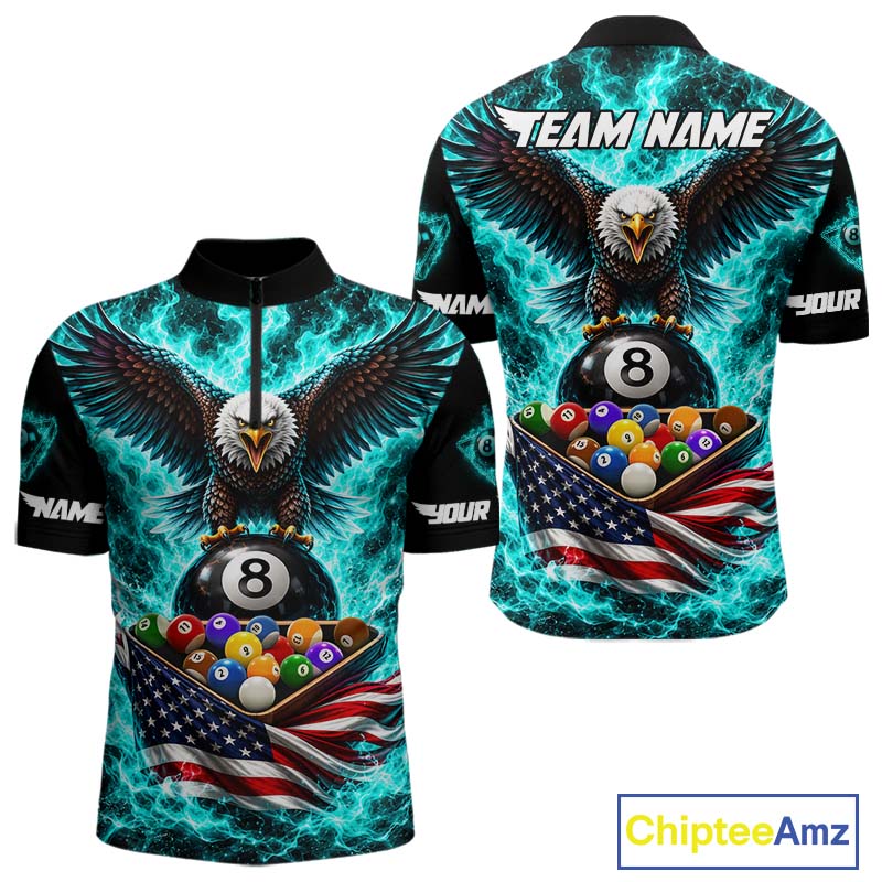 Teal Fire Flame Eagle US Flag Pool Ball 3D Billiard Shirt Personalized 8 Ball Billiard Attire