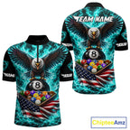 Teal Fire Flame Eagle US Flag Pool Ball 3D Billiard Shirt Personalized 8 Ball Billiard Attire