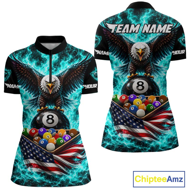 Teal Fire Flame Eagle US Flag Pool Ball 3D Billiard Shirt Personalized 8 Ball Billiard Attire