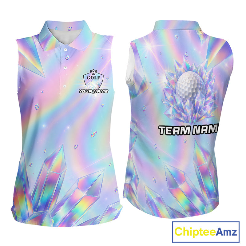 Golf Sleeveless Polo Shirt Custom Holographic Diamond Crystal Golf Ball Custom Name Golf Shirts For Team