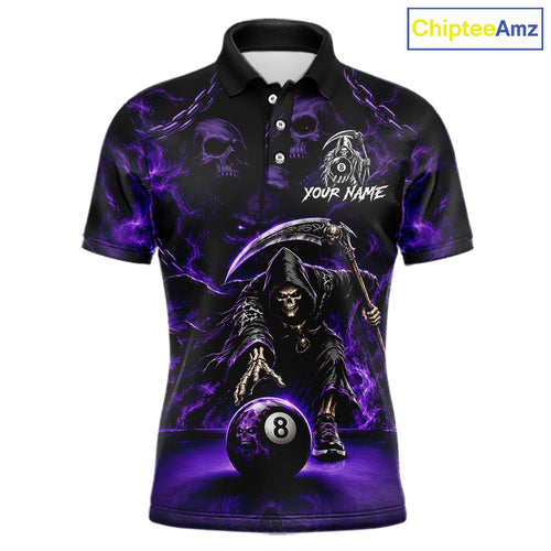 Grim Reaper Billiard Shirt Purple Smoke 8 Ball Pool Jersey Custom Name Skull Billiard Shirt