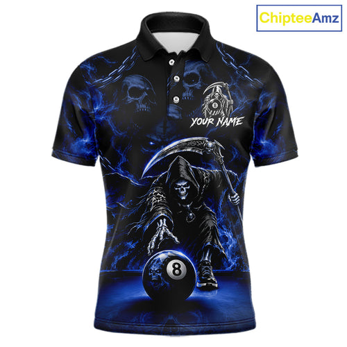Grim Reaper Billiard Shirt Blue Smoke 8 Ball Pool Jersey Custom Name Skull Billiard Shirt