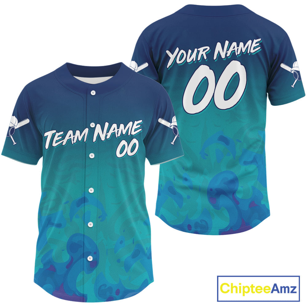Custom Blue And White Baseball Shirt Outfits Grunge Ocean Baseball Jerseys