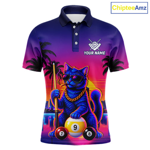 Custom Funny Billiard Shirt Personalized Neon Cat 9-Ball Pool Team Jersey Billiard Apparel