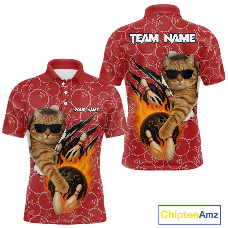 Custom Funny Cat Bowling Shirts, Red Camo Flame Cool Bowling Uniform For Team Bowlers