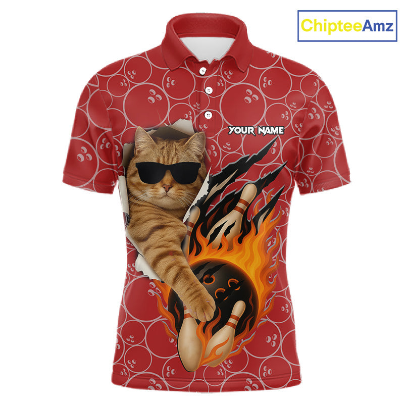 Custom Funny Cat Bowling Shirts, Red Camo Flame Cool Bowling Uniform For Team Bowlers