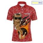 Custom Funny Cat Bowling Shirts, Red Camo Flame Cool Bowling Uniform For Team Bowlers