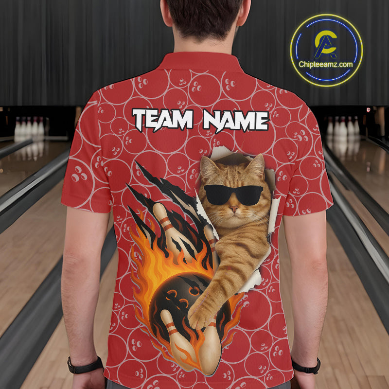 Custom Funny Cat Bowling Shirts, Red Camo Flame Cool Bowling Uniform For Team Bowlers