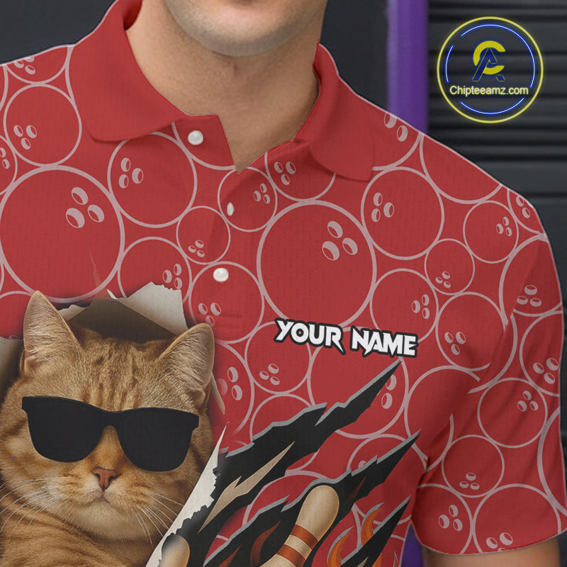 Custom Funny Cat Bowling Shirts, Red Camo Flame Cool Bowling Uniform For Team Bowlers