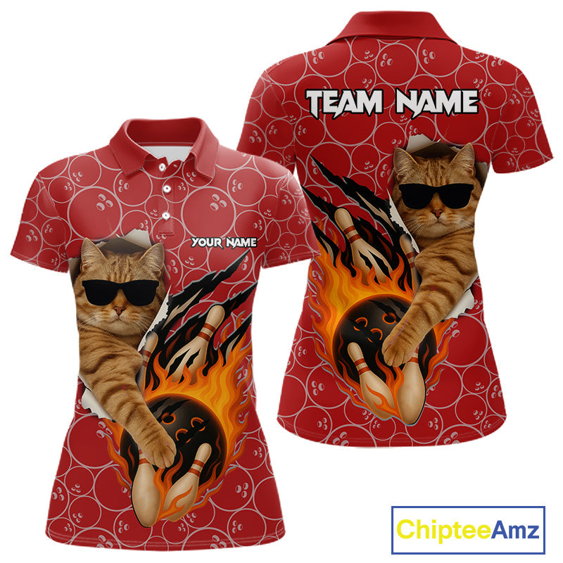 Custom Funny Cat Bowling Shirts, Red Camo Flame Cool Bowling Uniform For Team Bowlers