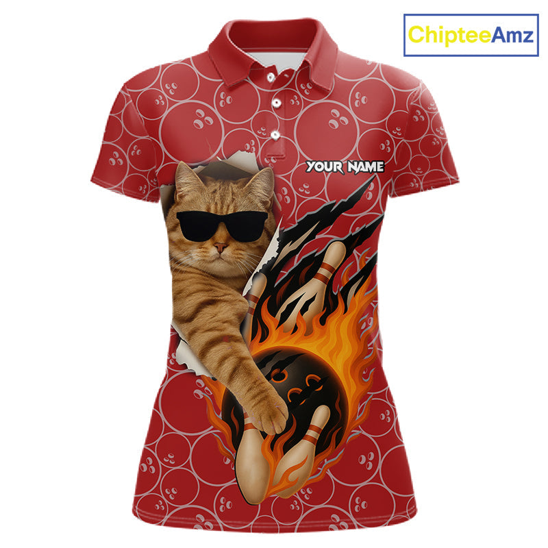 Custom Funny Cat Bowling Shirts, Red Camo Flame Cool Bowling Uniform For Team Bowlers