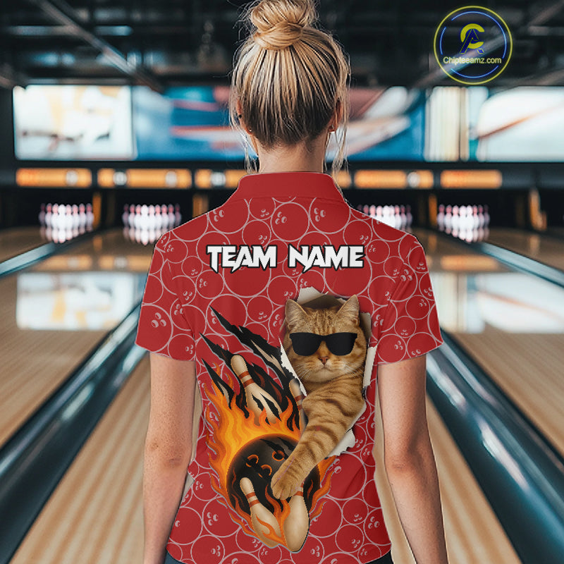 Custom Funny Cat Bowling Shirts, Red Camo Flame Cool Bowling Uniform For Team Bowlers