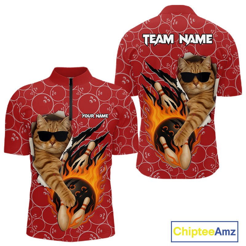 Custom Funny Cat Bowling Shirts, Red Camo Flame Cool Bowling Uniform For Team Bowlers