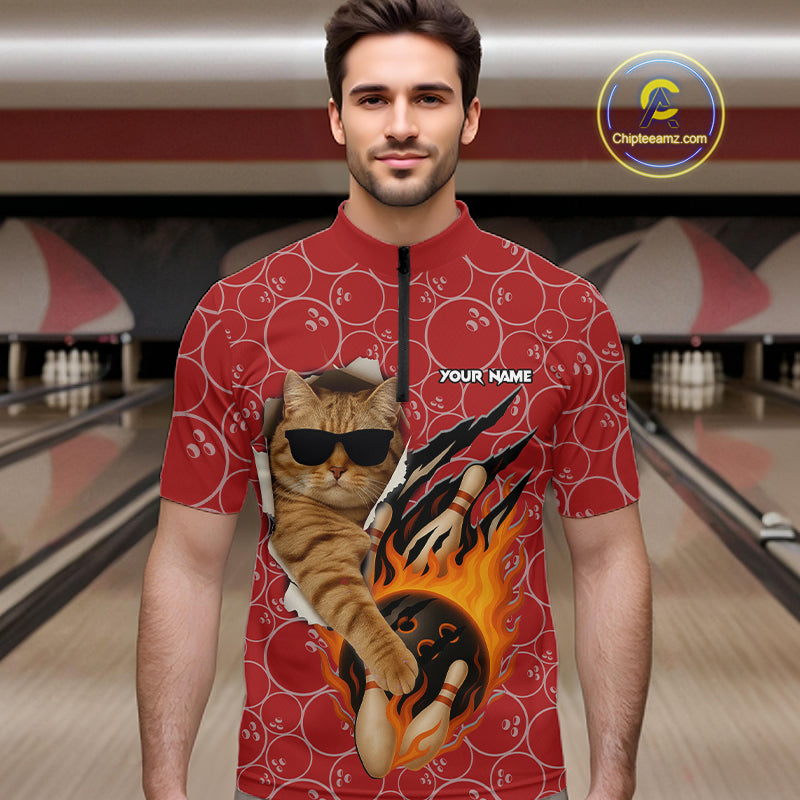 Custom Funny Cat Bowling Shirts, Red Camo Flame Cool Bowling Uniform For Team Bowlers