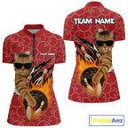 Custom Funny Cat Bowling Shirts, Red Camo Flame Cool Bowling Uniform For Team Bowlers