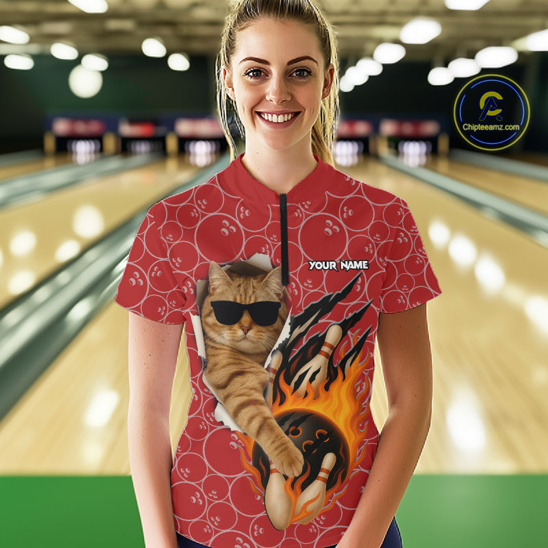 Custom Funny Cat Bowling Shirts, Red Camo Flame Cool Bowling Uniform For Team Bowlers