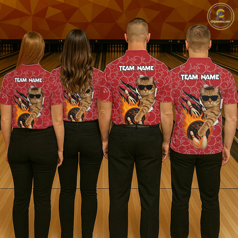 Custom Funny Cat Bowling Shirts, Red Camo Flame Cool Bowling Uniform For Team Bowlers