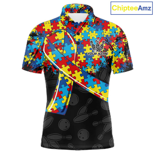 Personalized Colorful Autism Awareness Ribbon Bowling Shirt Bowling Puzzles Team Jersey