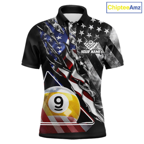 Personalized Smoke US Flag Billiard 9 Ball Pool Shirt Custom Patriotic Billiard Team Appeal