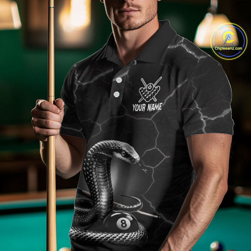 Custom Cobra Snake 8 Ball Pool Polo Shirt Black Thunder Billiards Team Tournament Shirts