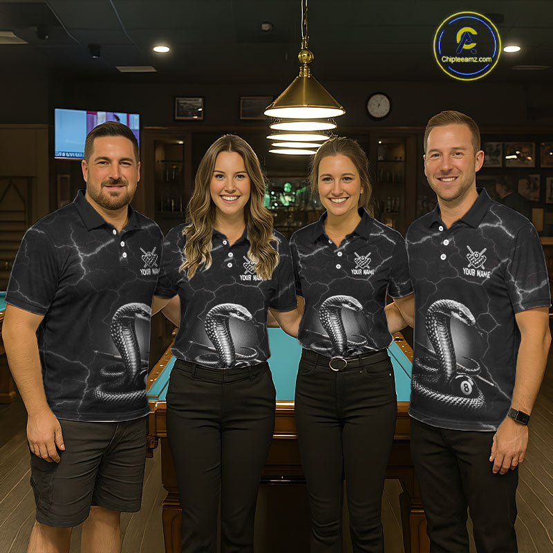 Custom Cobra Snake 8 Ball Pool Polo Shirt Black Thunder Billiards Team Tournament Shirts