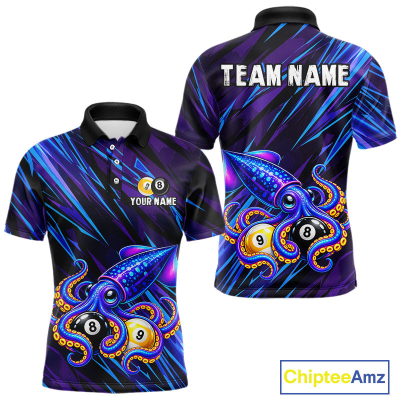 Custom Funny 8 Ball 9 Ball Squid Polo 1/4-Zip Shirt Purple Blue Neon Billiard Tournament Shirt