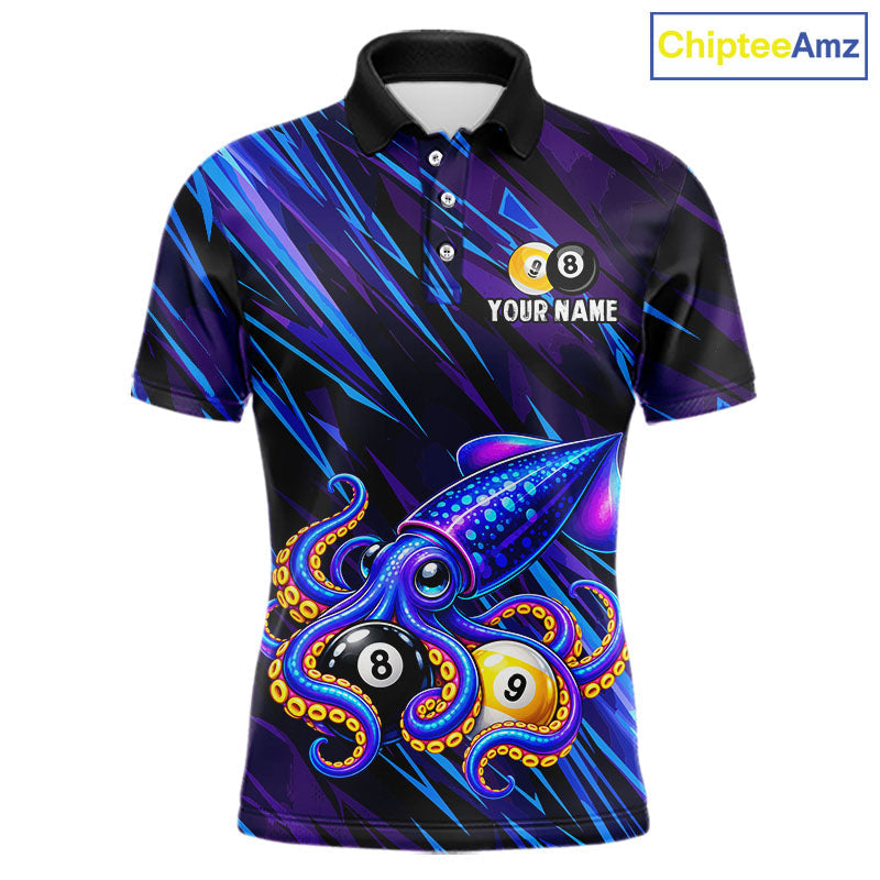 Custom Funny 8 Ball 9 Ball Squid Polo 1/4-Zip Shirt Purple Blue Neon Billiard Tournament Shirt