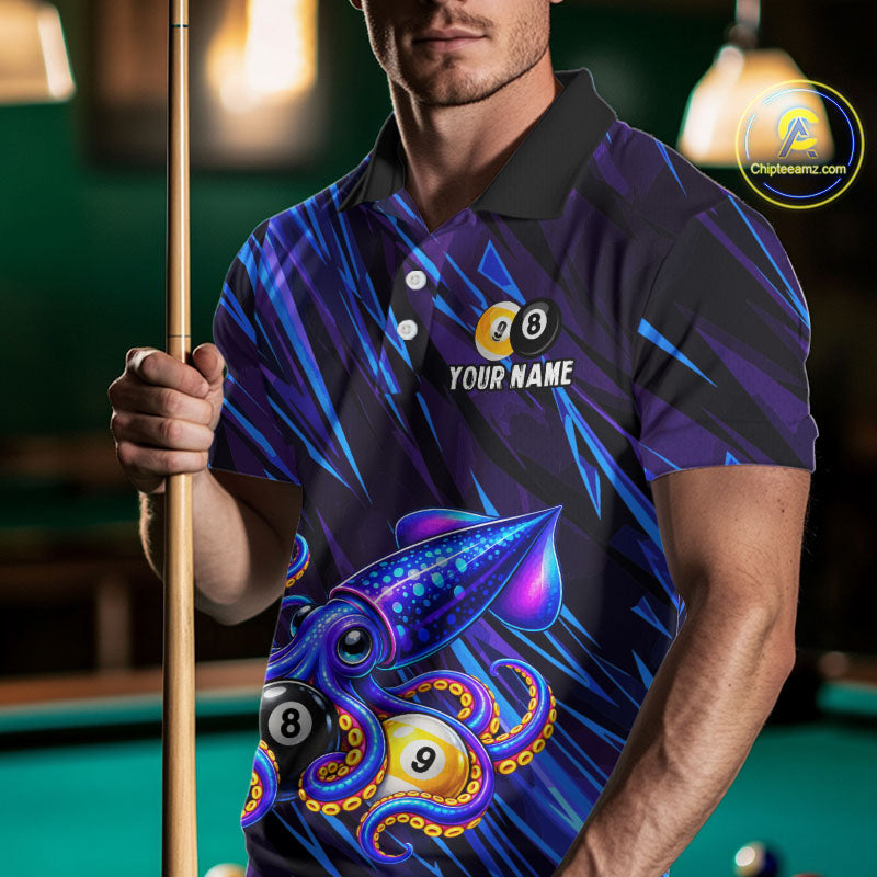 Custom Funny 8 Ball 9 Ball Squid Polo 1/4-Zip Shirt Purple Blue Neon Billiard Tournament Shirt
