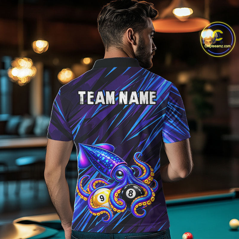 Custom Funny 8 Ball 9 Ball Squid Polo 1/4-Zip Shirt Purple Blue Neon Billiard Tournament Shirt