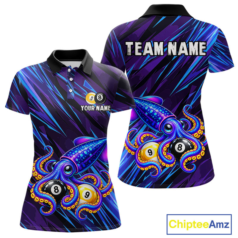 Custom Funny 8 Ball 9 Ball Squid Polo 1/4-Zip Shirt Purple Blue Neon Billiard Tournament Shirt