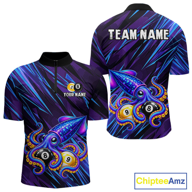 Custom Funny 8 Ball 9 Ball Squid Polo 1/4-Zip Shirt Purple Blue Neon Billiard Tournament Shirt