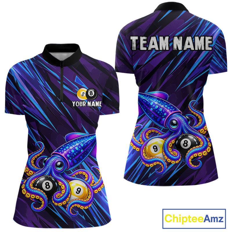 Custom Funny 8 Ball 9 Ball Squid Polo 1/4-Zip Shirt Purple Blue Neon Billiard Tournament Shirt