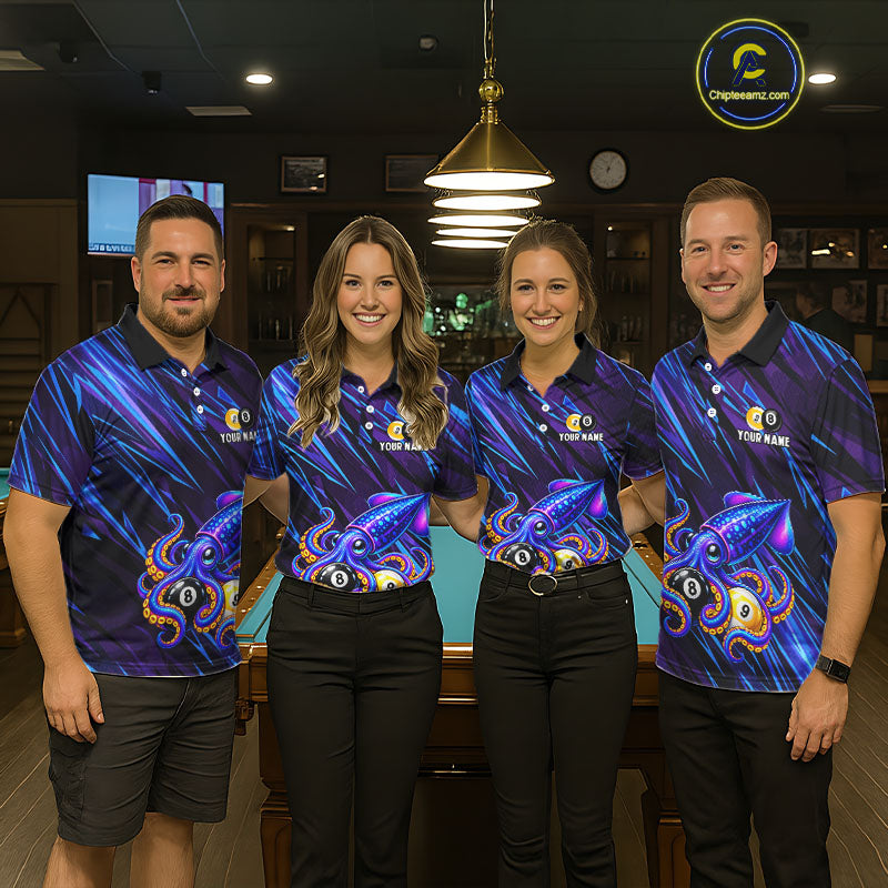 Custom Funny 8 Ball 9 Ball Squid Polo 1/4-Zip Shirt Purple Blue Neon Billiard Tournament Shirt