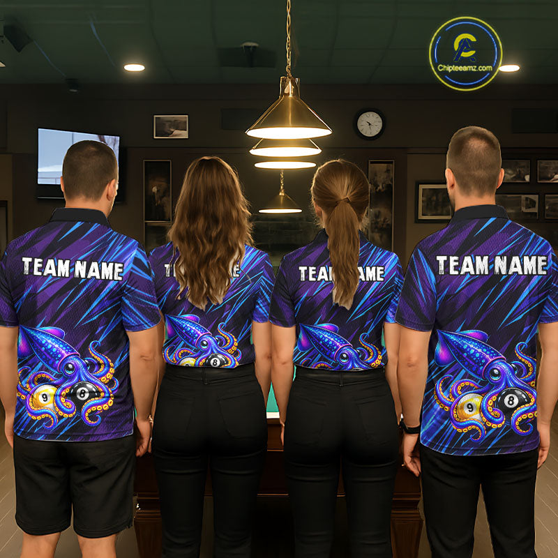 Custom Funny 8 Ball 9 Ball Squid Polo 1/4-Zip Shirt Purple Blue Neon Billiard Tournament Shirt