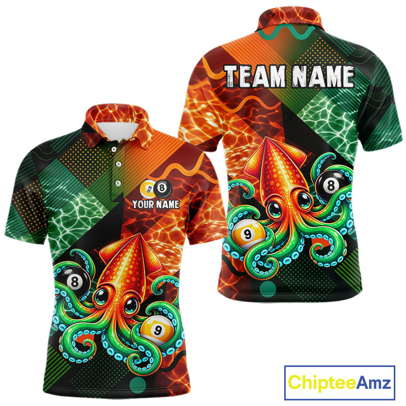 Green Orange Flame Squid 8 Ball& 9 Ball Billiard Shirt Funny Billiard Team Tournament Shirt