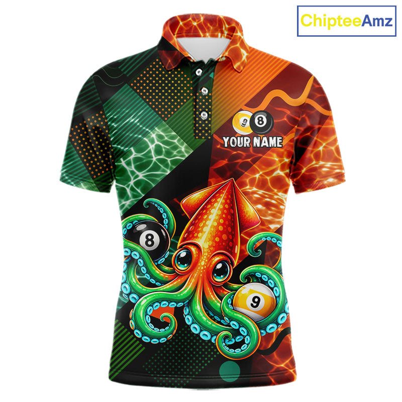 Green Orange Flame Squid 8 Ball& 9 Ball Billiard Shirt Funny Billiard Team Tournament Shirt