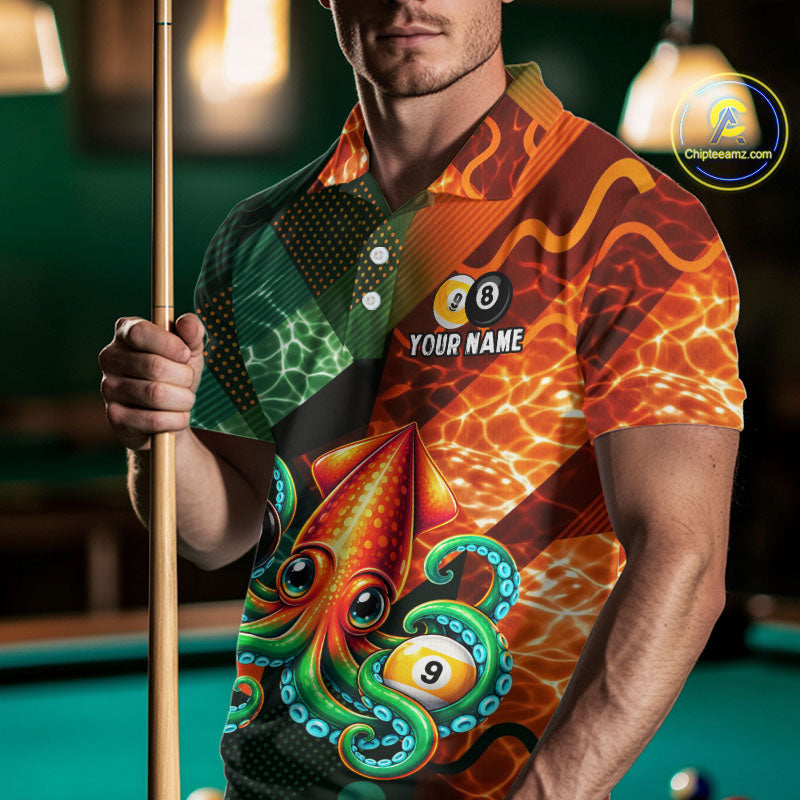 Green Orange Flame Squid 8 Ball& 9 Ball Billiard Shirt Funny Billiard Team Tournament Shirt