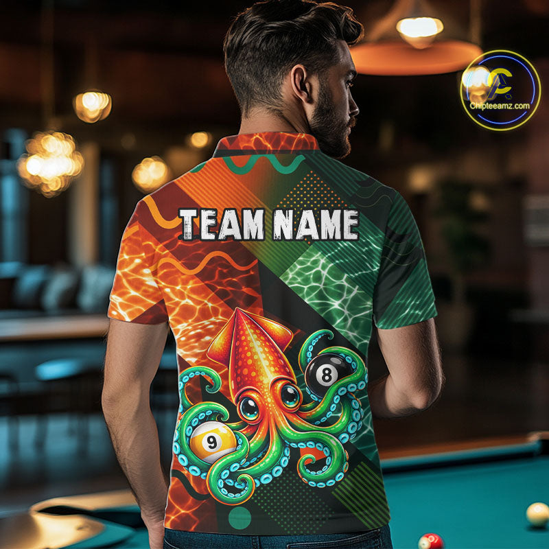 Green Orange Flame Squid 8 Ball& 9 Ball Billiard Shirt Funny Billiard Team Tournament Shirt