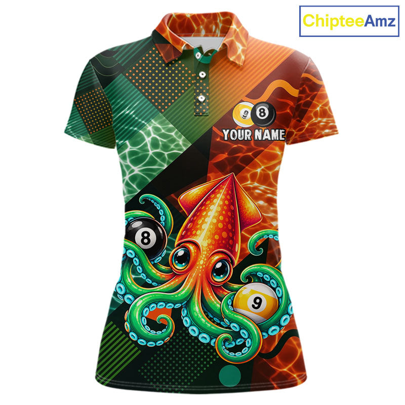 Green Orange Flame Squid 8 Ball& 9 Ball Billiard Shirt Funny Billiard Team Tournament Shirt