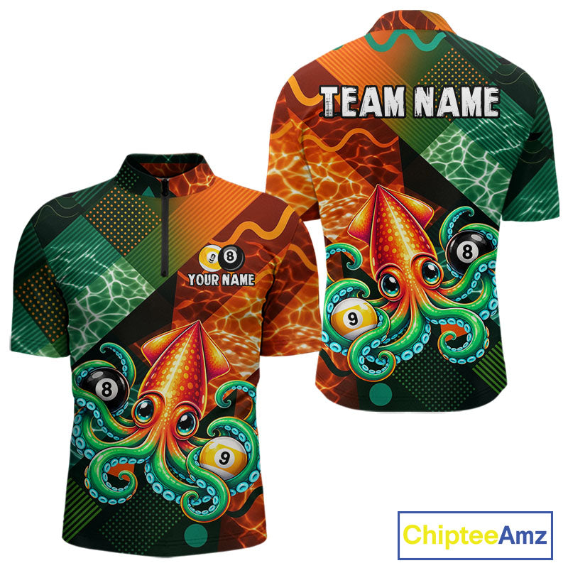 Green Orange Flame Squid 8 Ball& 9 Ball Billiard Shirt Funny Billiard Team Tournament Shirt