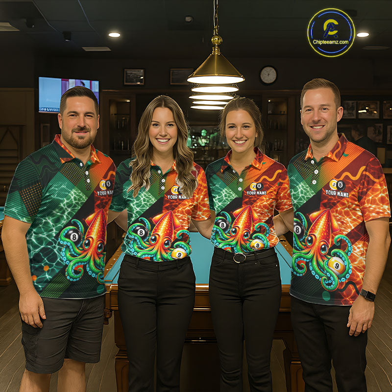 Green Orange Flame Squid 8 Ball& 9 Ball Billiard Shirt Funny Billiard Team Tournament Shirt
