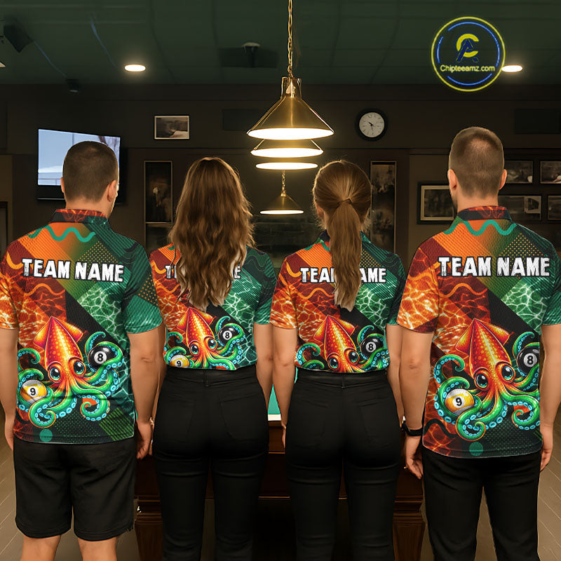 Green Orange Flame Squid 8 Ball& 9 Ball Billiard Shirt Funny Billiard Team Tournament Shirt