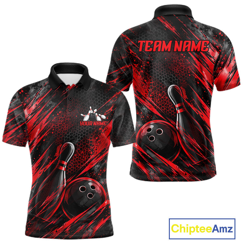 Personalized Red Splatter Hexagon Bowling Polo 1/4-Zip Custom Bowling Team Tournament Shirts