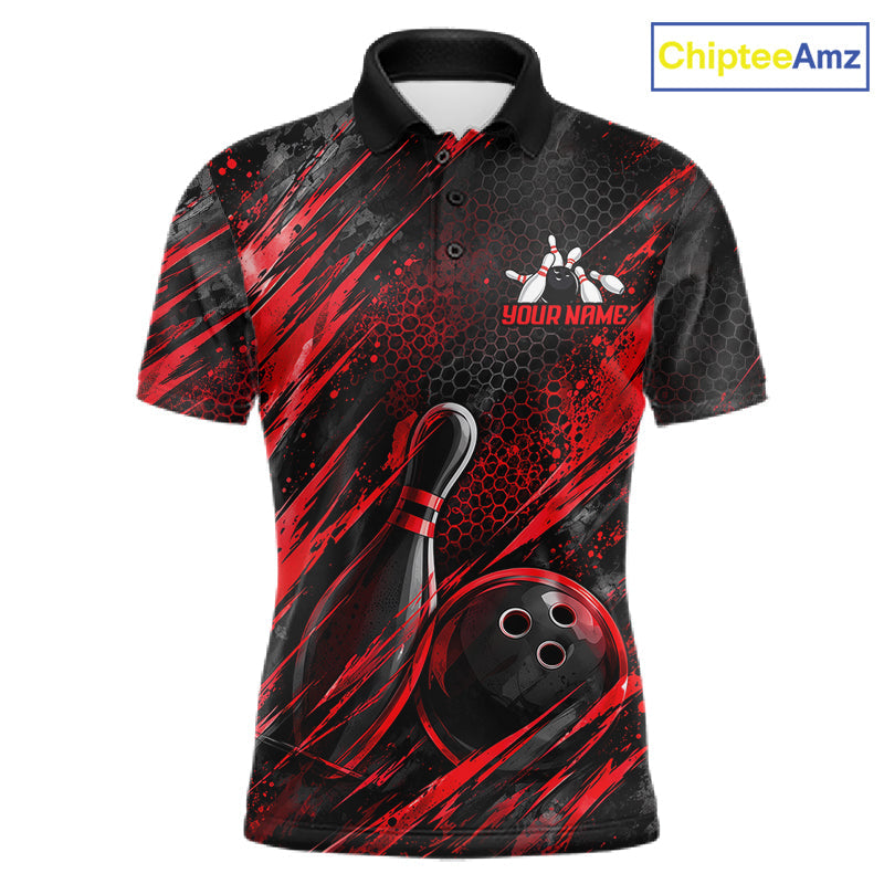 Personalized Red Splatter Hexagon Bowling Polo 1/4-Zip Custom Bowling Team Tournament Shirts