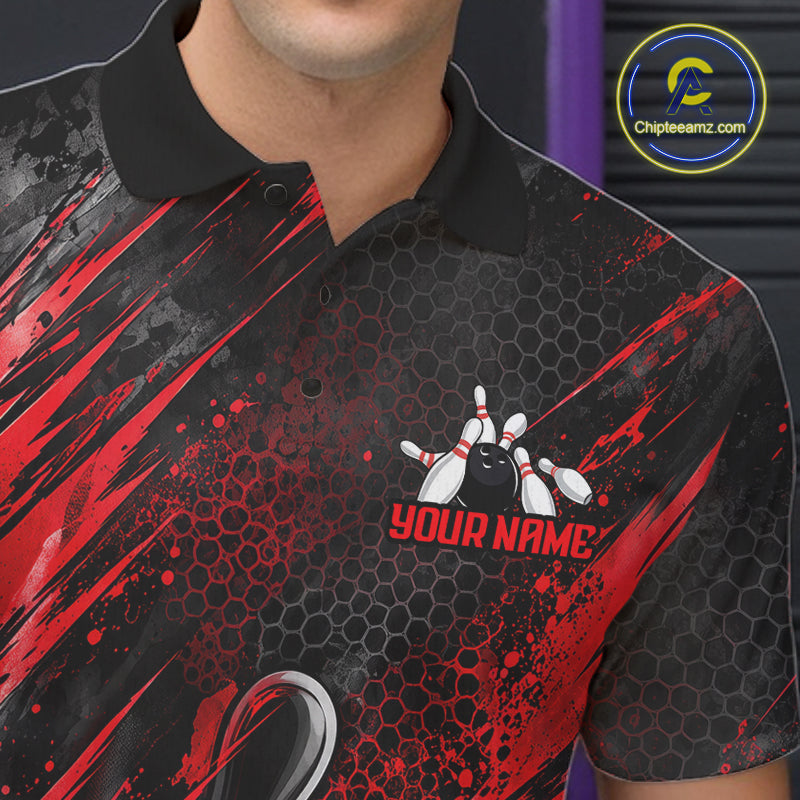 Personalized Red Splatter Hexagon Bowling Polo 1/4-Zip Custom Bowling Team Tournament Shirts