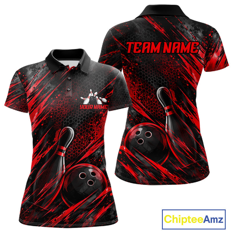 Personalized Red Splatter Hexagon Bowling Polo 1/4-Zip Custom Bowling Team Tournament Shirts