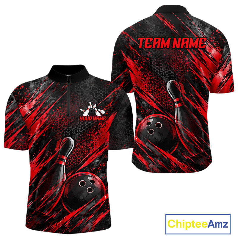 Personalized Red Splatter Hexagon Bowling Polo 1/4-Zip Custom Bowling Team Tournament Shirts